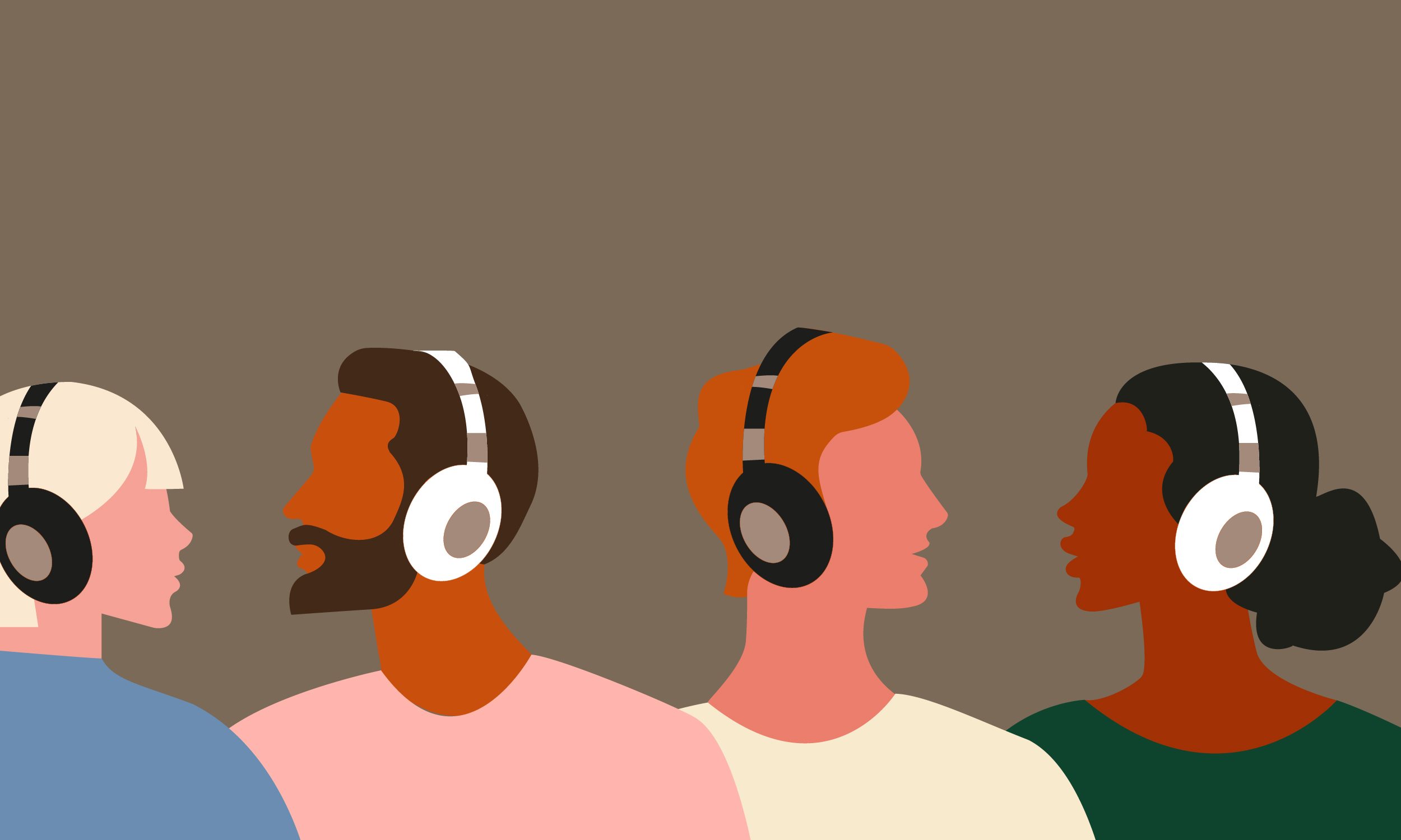 People in headphones, listening to music, podcast, audio. Isolated flat vector illustration with group of young people drawn in trendy style